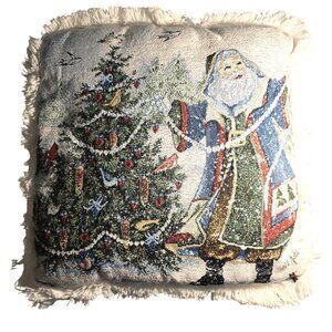 Tapestry Pillow Santa Christmas Tree Fringe old world birds festive snow winter